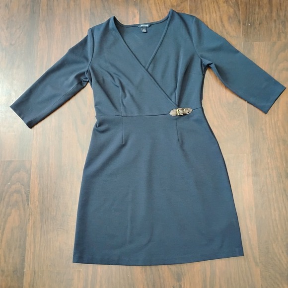 Tommy Hilfiger‎ Womens 3/4 Sleeve Navy Dress Faux Wrap Leather Buckle Large - Picture 5 of 9